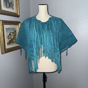 Vintage Western Teal Blue Suede Leather Fringe Shawl Cape Poncho Rodeo Hand made
